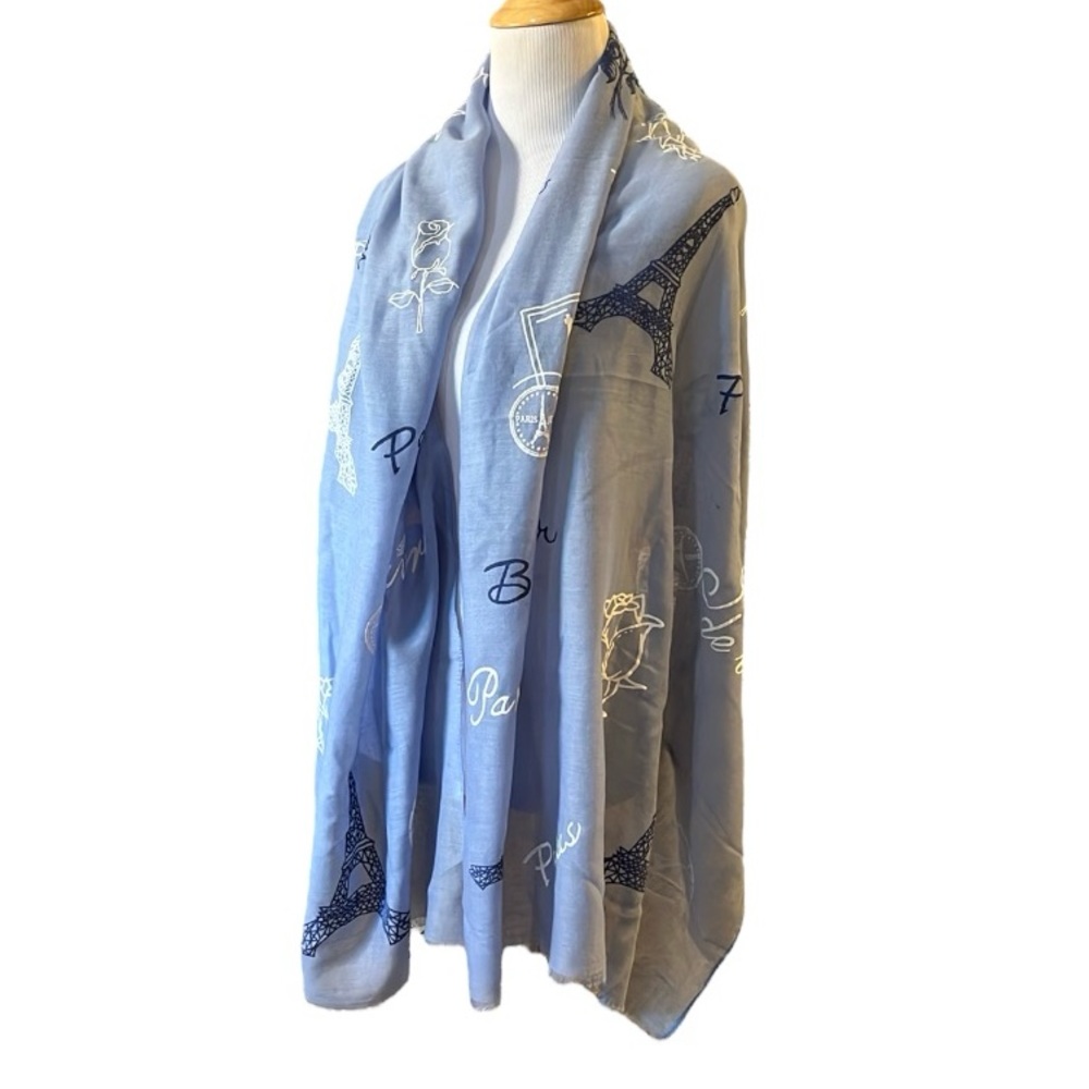 LARGE PARIS THEMED FRINGED SCARF COTTAGE BLUE WITH WHITE PRINT - Picture 3 of 16